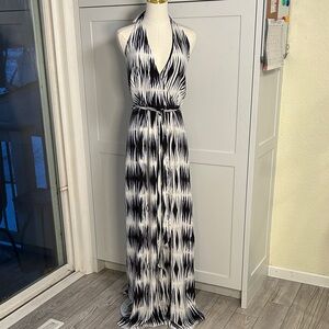Milly Women’s Halter Black/WhiteBlue Patterned Maxi Dress Size 10 All Silk